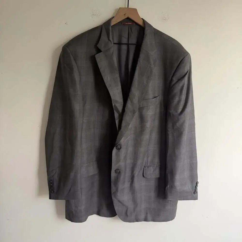 Peter Millar 100% Wool Blazer Sport Coat Size 48T Long Gray Windowpane Business